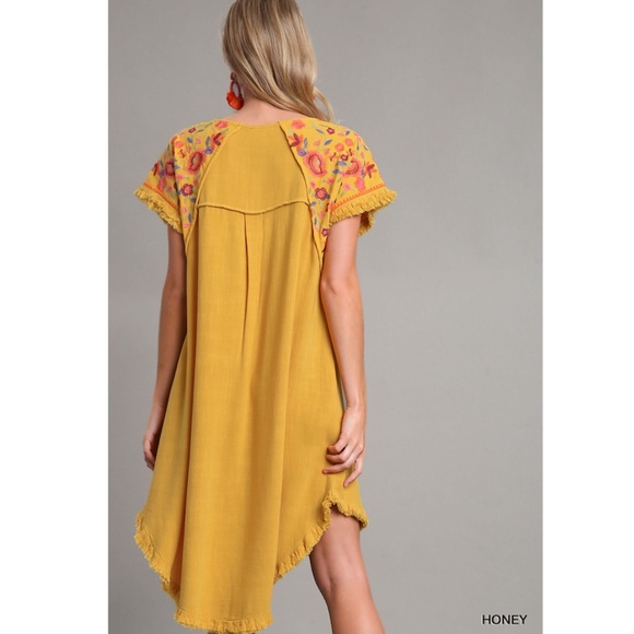 "The Honey" Deep Yellow Embroidery Sleeve High-Low Linen Dress - Picture 2 of 4